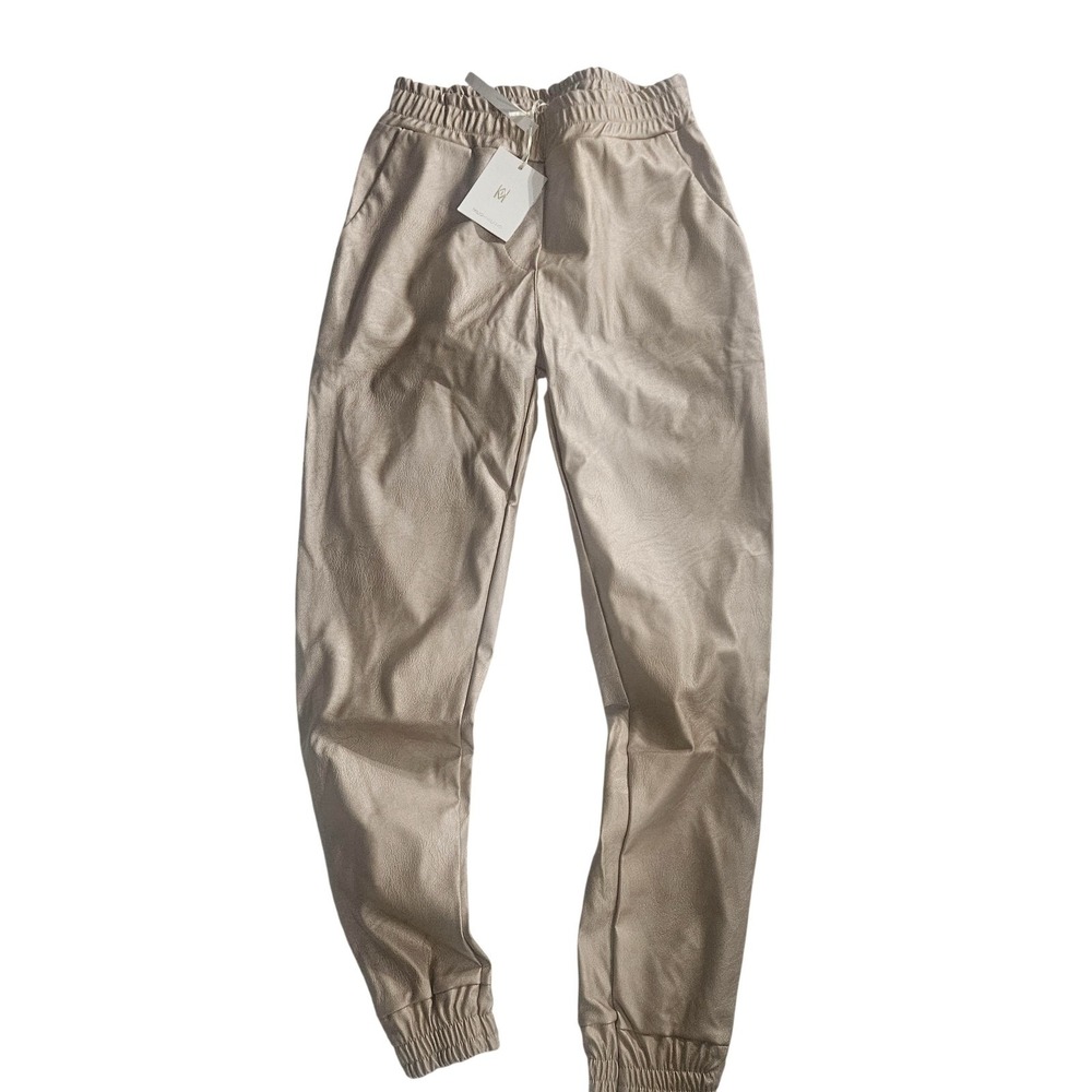 MILO-MILANO Pants Womens Medium Beige Leather Jogger Elastic Waist Cuffed Italy